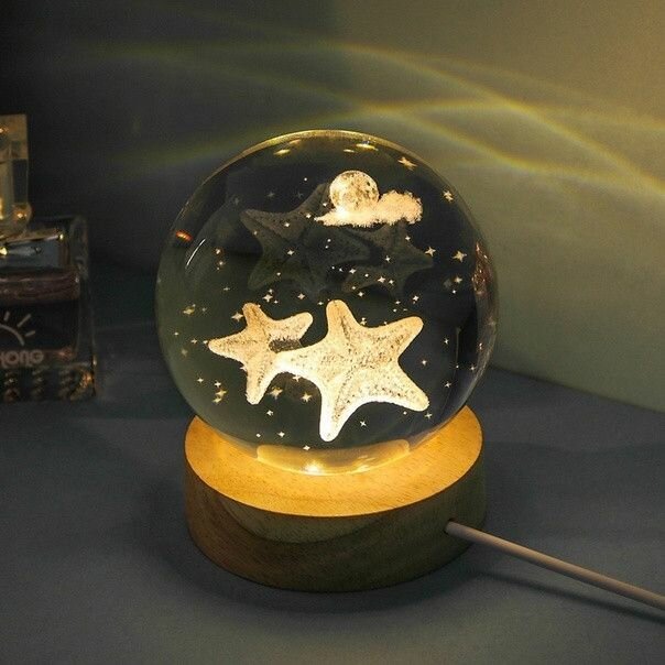 фото Декоративный интерьерный светильник - ночник 8см "Стеклянный Шар Морская звезда"