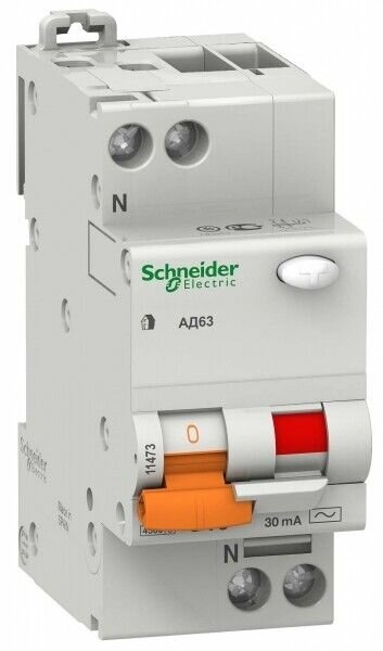 Дифференциальный автоматический выключатель (АВДТ) Schneider Electric 2-полюсный (1P+N) 25А хар. C 30мА тип AС 45kA Domovoy (2 модуля)