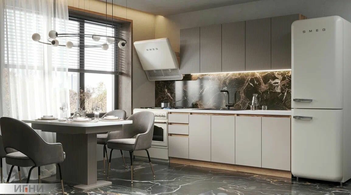 фото Кухонный гарнитур Ника 1.8 корпус Дуб Вотан ЛДСП, фасад коричневый софт+бежевый софт МДФ, столешница белая 1.8м 38мм игни