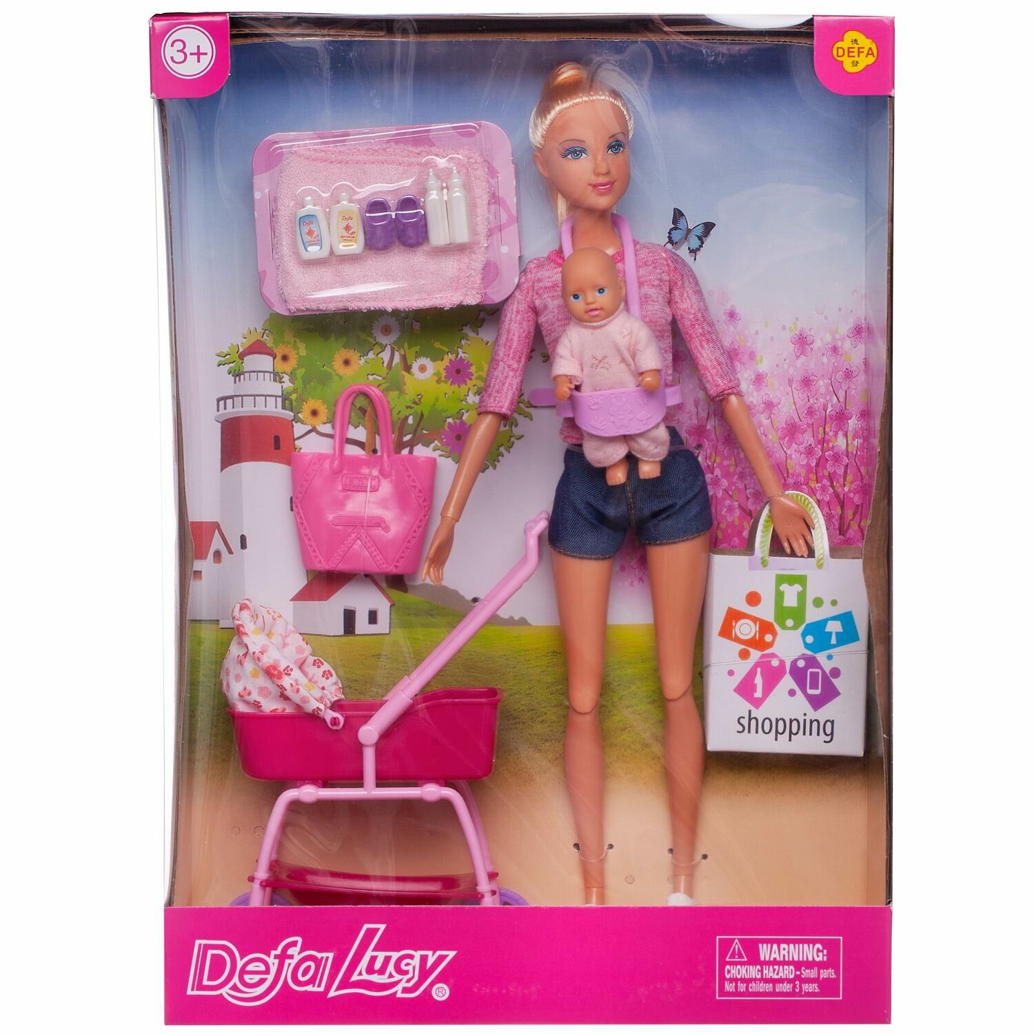Игровой набор Кукла Defa Lucy Молодая мама в розовой кофте, ребенок, коляска и игровые предметы, 29 см 8380d/розовая