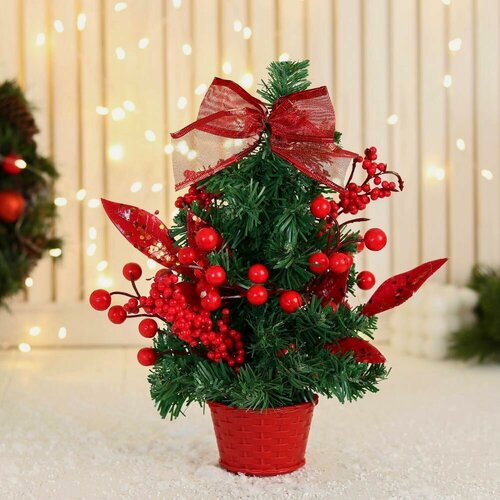 Изображение товара Ёлка декор "Праздничная" бантик листья ягоды, 14х26 см, красный