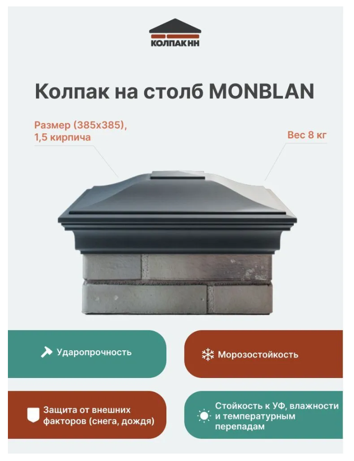 фото Колпак на столб полимер-композитный Monblan 385*385 (1.5 кирпича), серый