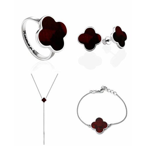 фото Комплект бижутерии: браслет, колье, кольцо, серьги, янтарь, бордовый amberhandmade