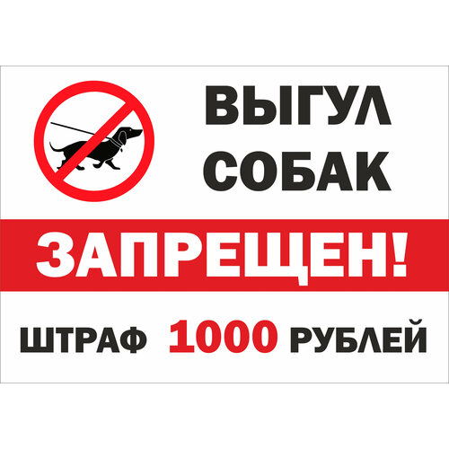 Табличка Выгул собак запрещен, штраф 1000 руб. 297210 мм, А4 табличка выгул собак запрещен 20 х 15 см информационная табличка на дверь декоративная табличка