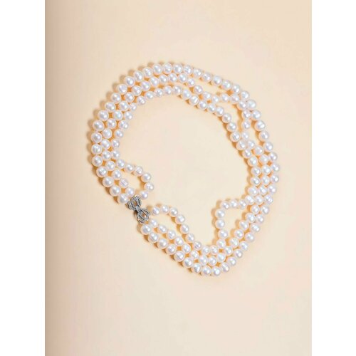 Колье трёхслойное из пресноводного жемчуга, жемчуг пресноводный культивированный, жемчуг пресноводный, кристаллы Swarovski, длина 47 см, белый, серебряный