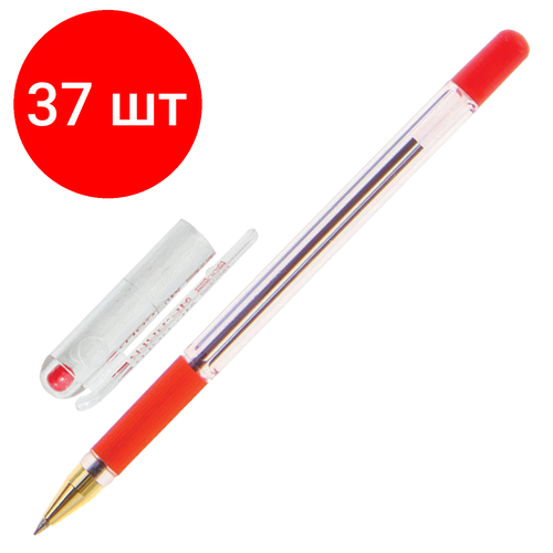 Комплект 37 шт, Ручка шариковая масляная с грипом MUNHWA MC Gold, красная, корпус прозрачный, узел 0.5 мм, линия письма 0.3 мм, BMC-03