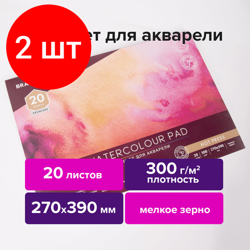 Комплект 2 шт, Папка для акварели/планшет, 300 г/м2, 270х390 мм, склейка, мелкое зерно, 20 л, BRAUBERG ART PREMIERE, 113249 принадлежности для рисования brauberg art папка для акварели планшет крупное зерно 39х27 см 20 листов