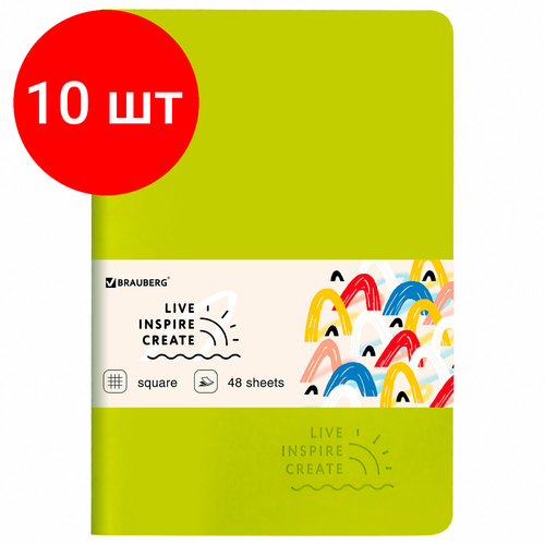 Комплект 10 шт, Тетрадь 48 л. в клетку обложка кожзам SoftTouch, сшивка, A5 (147х210мм), салатовый, BRAUBERG RAINBOW, 403878