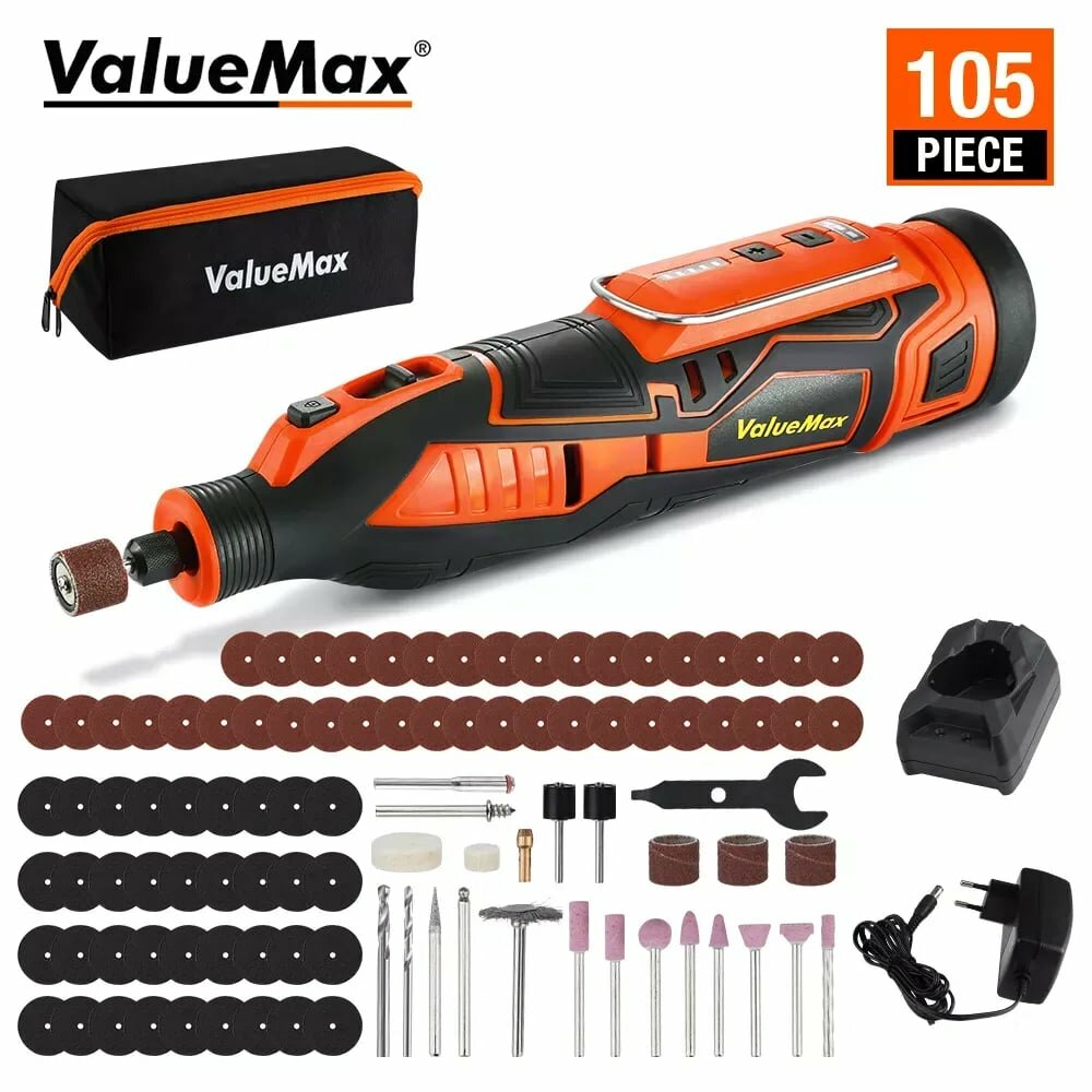 Гравер аккумуляторный для полировки, шлифовки, гравировки ValueMax, 12V, 5 скоростей + набор из 105 насадок