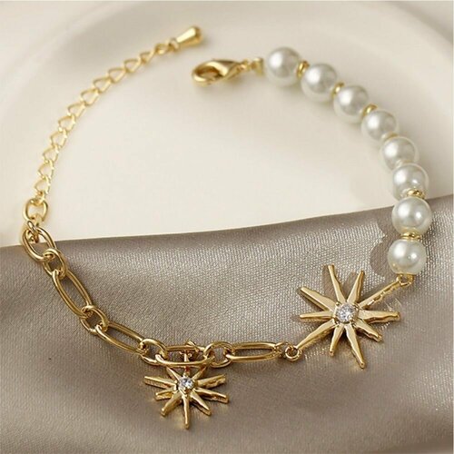 фото Браслет-цепочка, искусственный камень, жемчуг имитация, золотой нет бренда