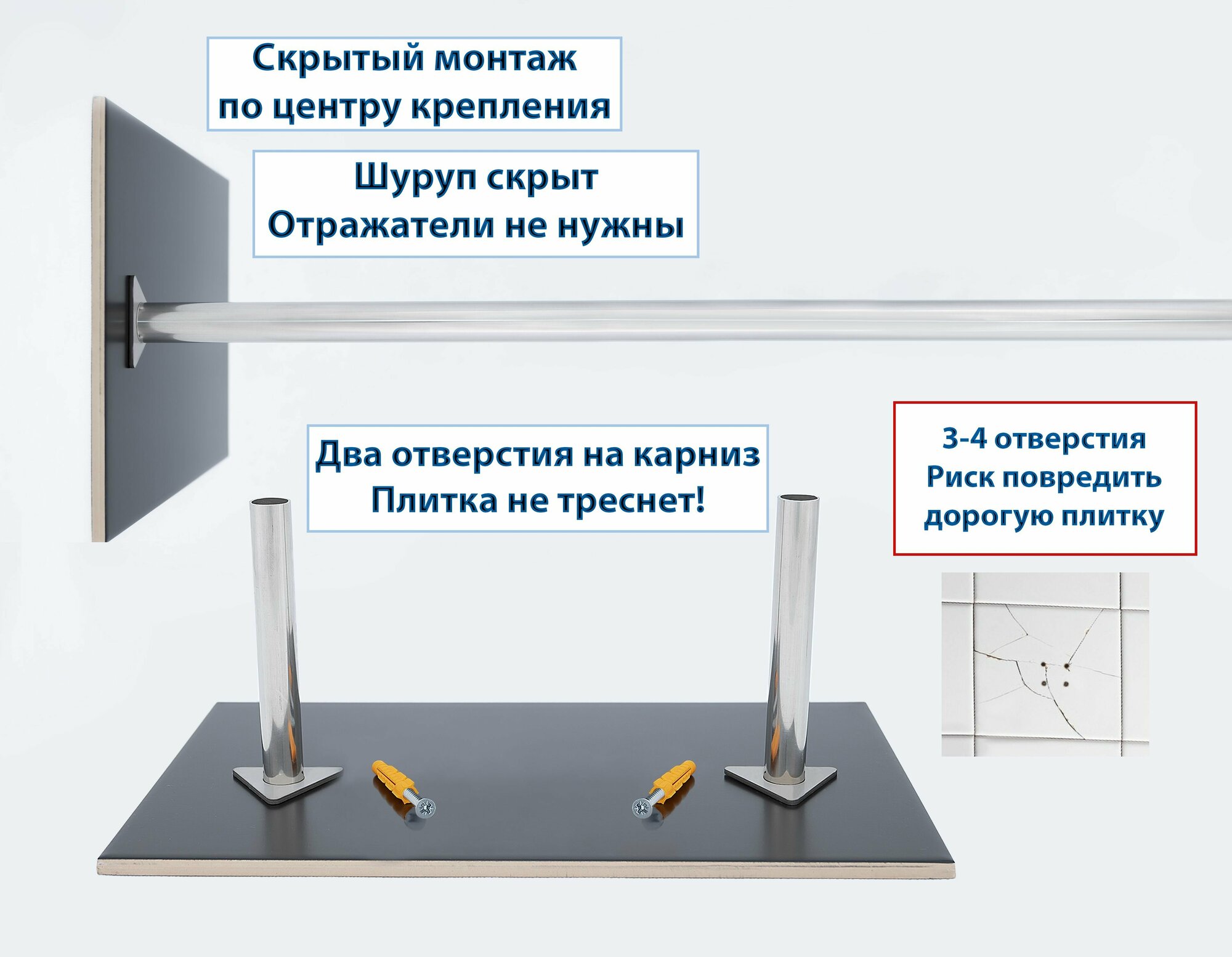 Карниз для ванной 170x70см Г-образный, угловой Усиленный, цельнометаллический из нержавейки