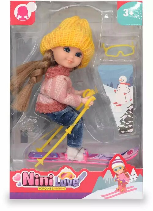 Кукла в зимней одежде на лыжах с аксессуарами