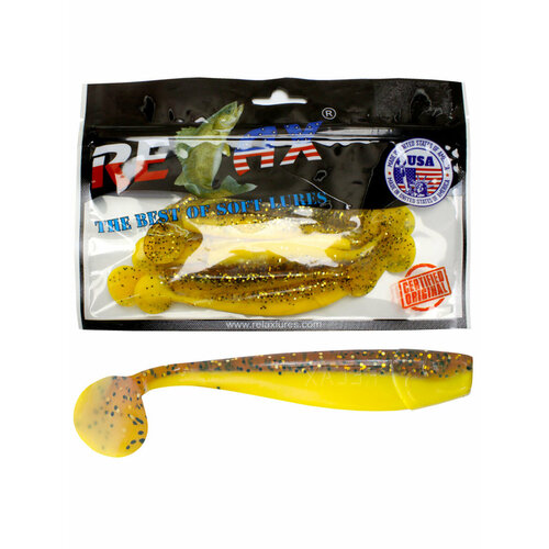фото Силиконовая приманка для рыбалки relax - риппер kingshad 4", длина - 10,0cm, вес - 8,9g, цвет l017 (yellow, rootbeer-gold, black glitter) (10 штук)