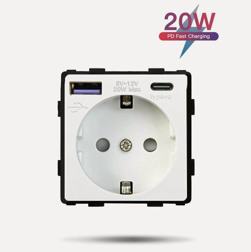 Изображение товара Механизм розетки (без рамки) с Usb/Type-C АC, быстрая зарядка 20Вт, цвет белый