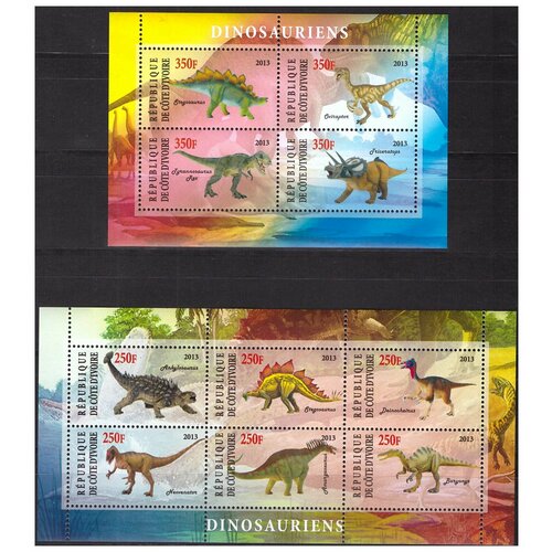 Почтовые марки Кот-дИвуар 2013 г. Доисторические животные. Динозавры. 2 малых листа. MNH(**) невис 1999г динозавры всемирная выставка expo 99 мельбурн доисторические животные мл 2 бл 2 марка 6