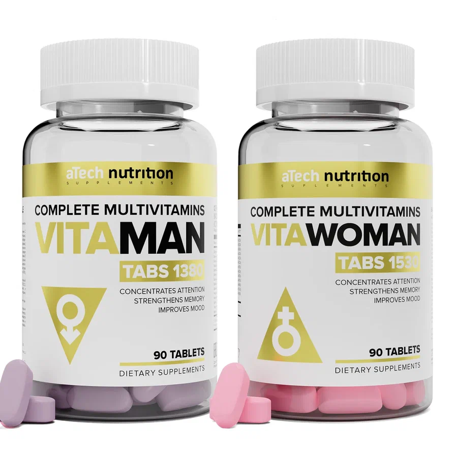 Набор 2 упаковки мультивитаминов для мужчин и женщин aTech nutrition Vita men 90 таблеток + Vita woman 90 таблеток