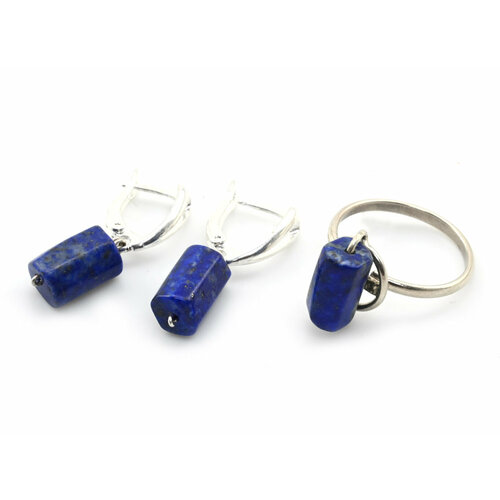 Комплект бижутерии Радуга Камня: серьги, кольцо, лазурит, размер кольца 18, синий, белый