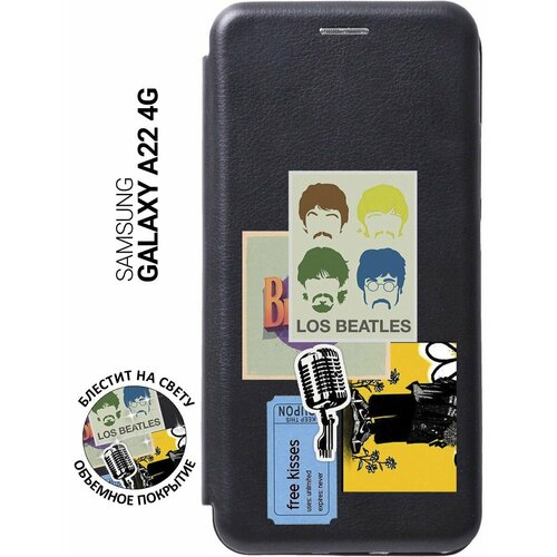 Чехол-книжка на Samsung Galaxy A22, M32, M22, Самсунг А22, М32, М22 с 3D принтом Beatles Stickers черный силиконовый чехол с принтом space stickers для samsung galaxy a22 m32 m22 самсунг а22 м32 м22