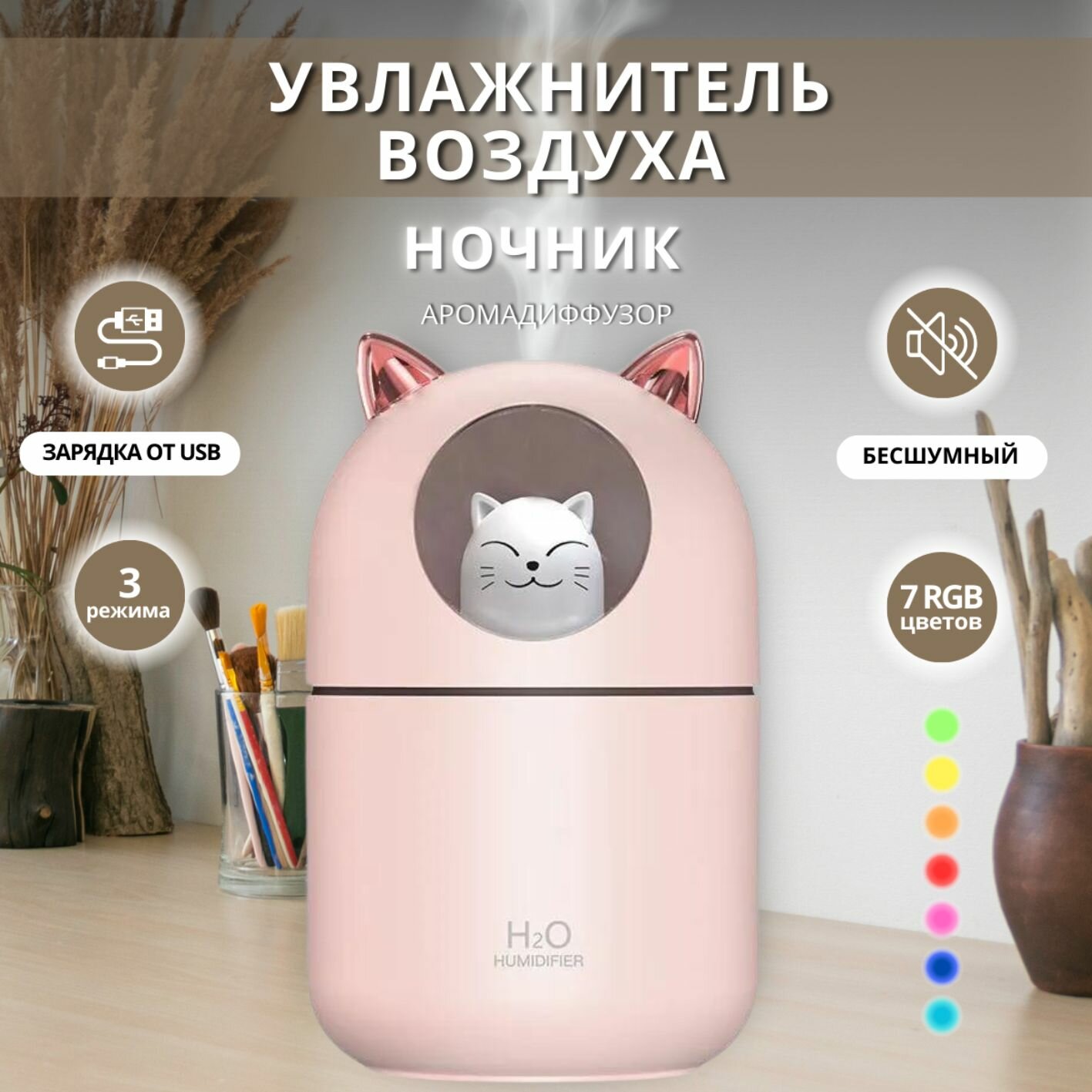 фото Увлажнитель воздуха, LED светильник ночник, Увлажнитель Cat (кошка) Белый (White)