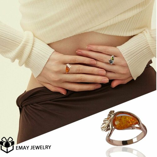 Кольцо, искусственный камень, янтарь синтетический, размер 17, золотой, оранжевый