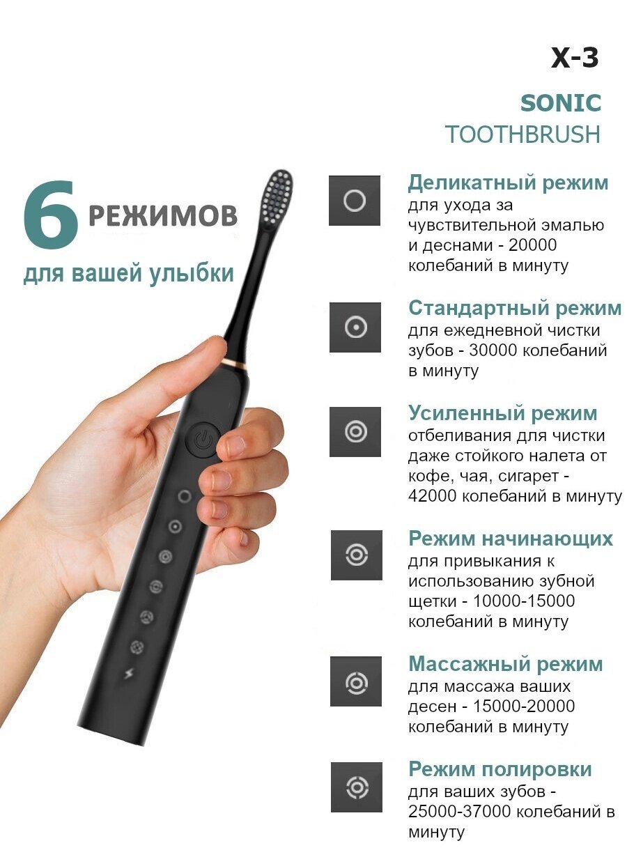 Электрическая зубная щетка SONIC TOOTHBRUSH X-3 (черная)