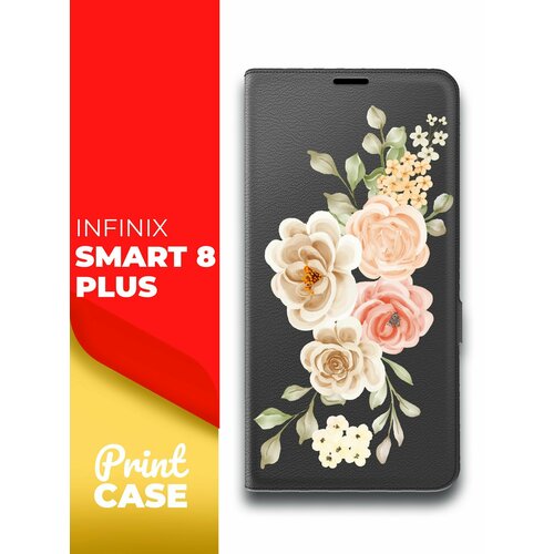 Чехол на Infinix Smart 8 Plus (Инфиникс Смарт 8+) черный книжка эко-кожа отделение для карт и магнитами Book case, Miuko (принт) Бледные цветы чехол на infinix smart 8 plus инфиникс смарт 8 зеленый опал книжка эко кожа отделение для карт и магнитами book case miuko принт медведь штанга