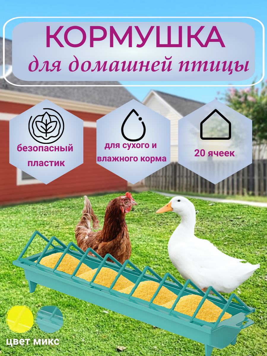 Лотковая кормушка-поилка для цыплят и кур-бройлеров, 55х12,5х13 см, 20 ячеек