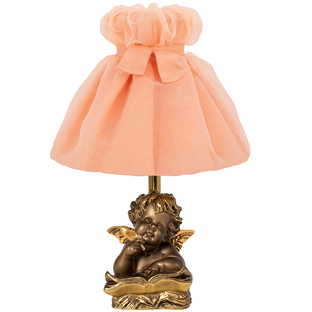 Настольная лампа Bogacho Ангел поэт бронзовый с абажуром Мадлен розового цвета
