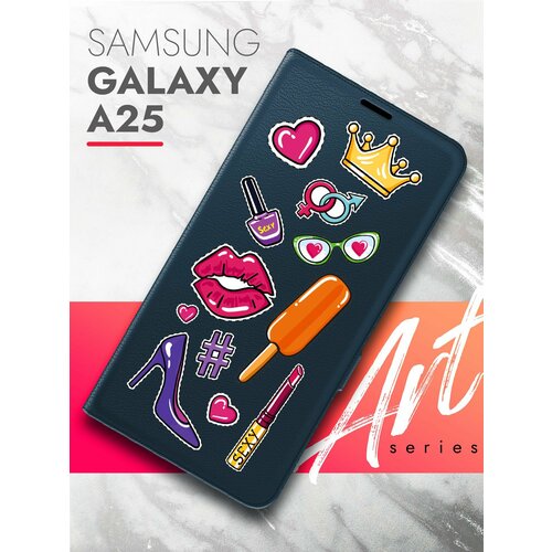 Чехол на Samsung Galaxy A25 (Самсунг Галакси А25) синий книжка эко-кожа подставка отделение для карт магнит Book case, Brozo (принт) Женские штучки чехол на samsung galaxy a25 самсунг галакси а25 синий книжка эко кожа подставка отделение для карт магнит book case brozo принт гранатовые цветы