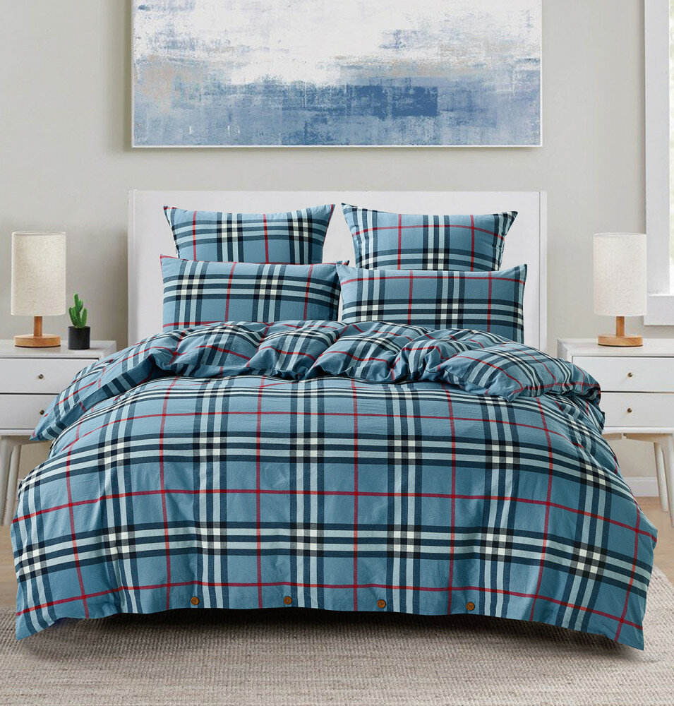 фото Евро льняное постельное белье однотонное синее в клетку