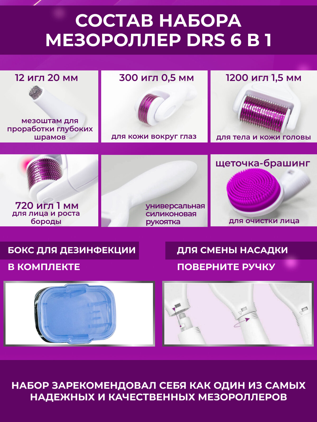 DRS Набор мезороллер 6 в 1, для глаз/для лица/для тела c титановым напылением — фото 1