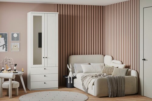 Изображение товара Шкаф распашной МебельЛэнд24 София РАХ - 18 МДФ Белый 80x50x270 для одежды двухдверный с 3 ящиками с зеркалом