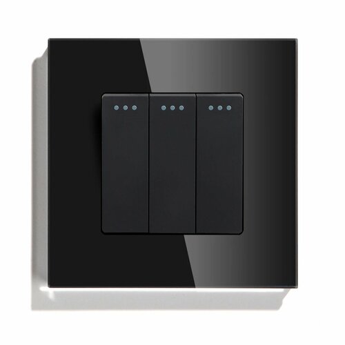 Механический выключатель на 3 клавиши с рамкой из стекла 86 х 86 мм, цвет черный