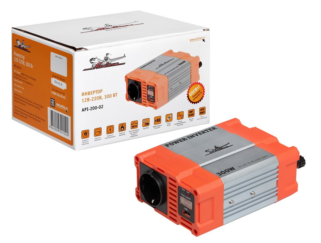 AIRLINE api-200-02 (API20002) инвертор автомобильный 12в-220в 300 вт (api-200-02)