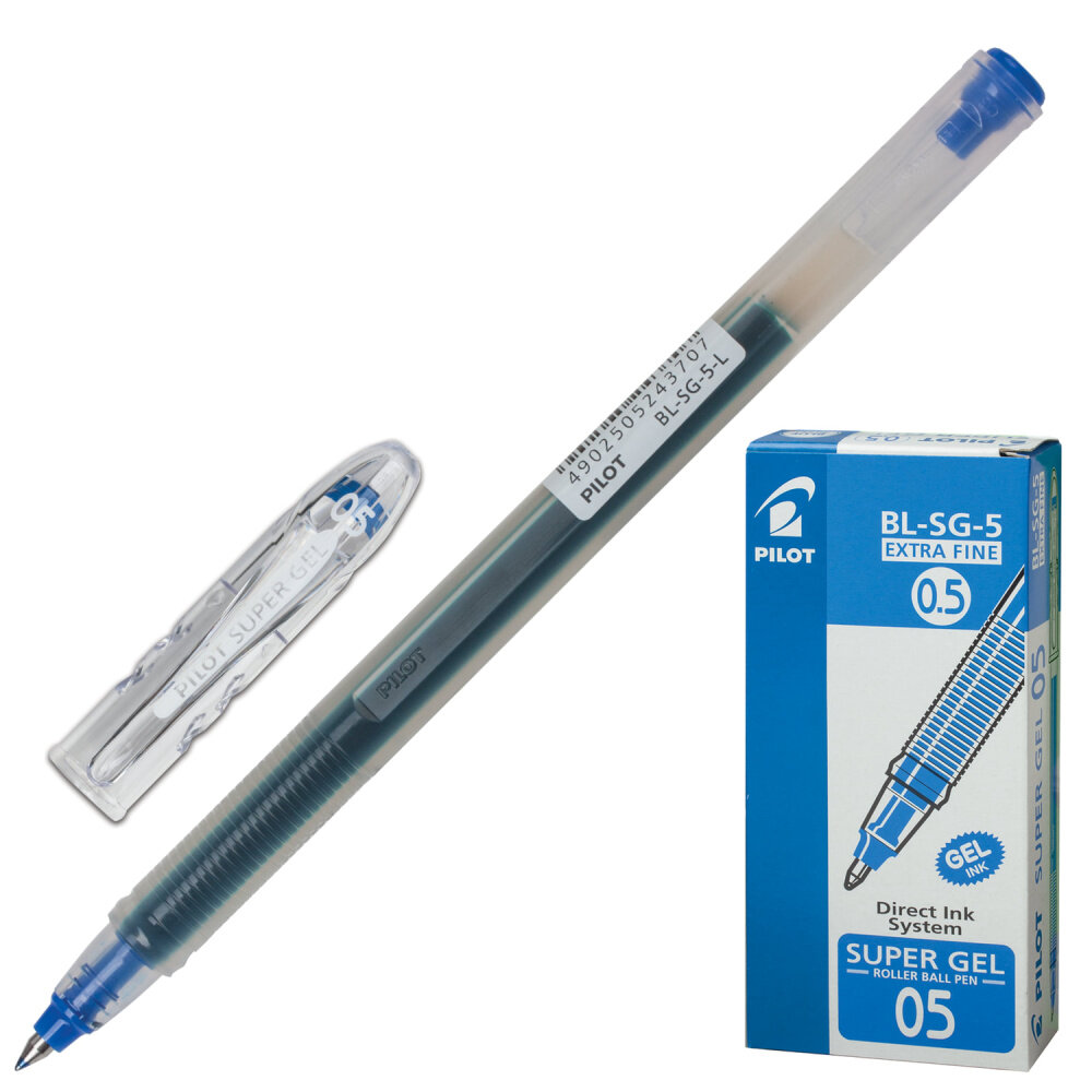 Ручка гелевая PILOT "Super Gel", синяя, корпус прозрачный, узел 0,5 мм, линия письма 0,3 мм, BL-SG-5 упаковка 12 шт.
