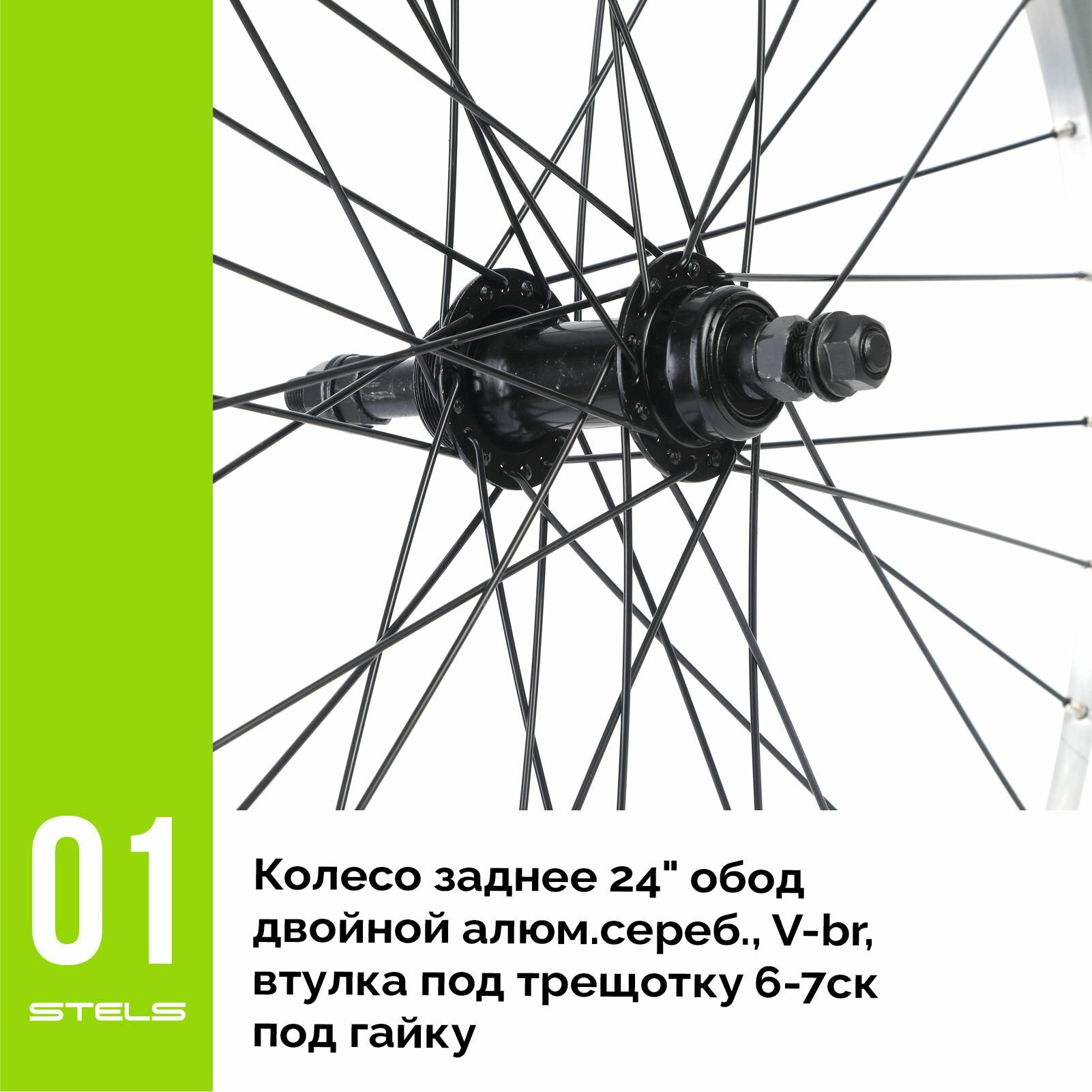 Колесо для велосипеда заднее 24" обод двойной алюминиевый, V-br, втулка под трещотку 6-7ск под гайку