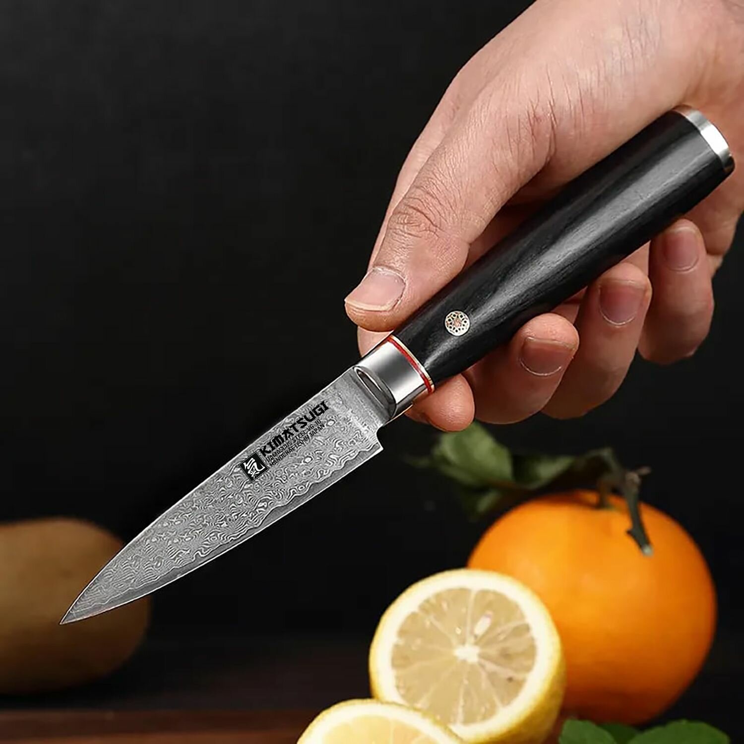 Kimatsugi / Японский кухонный поварской нож для фруктов и овощей Damascus #115. Настоящая дамасская сталь 67 слоев. VG-10 в обкладках. В подарочной коробке