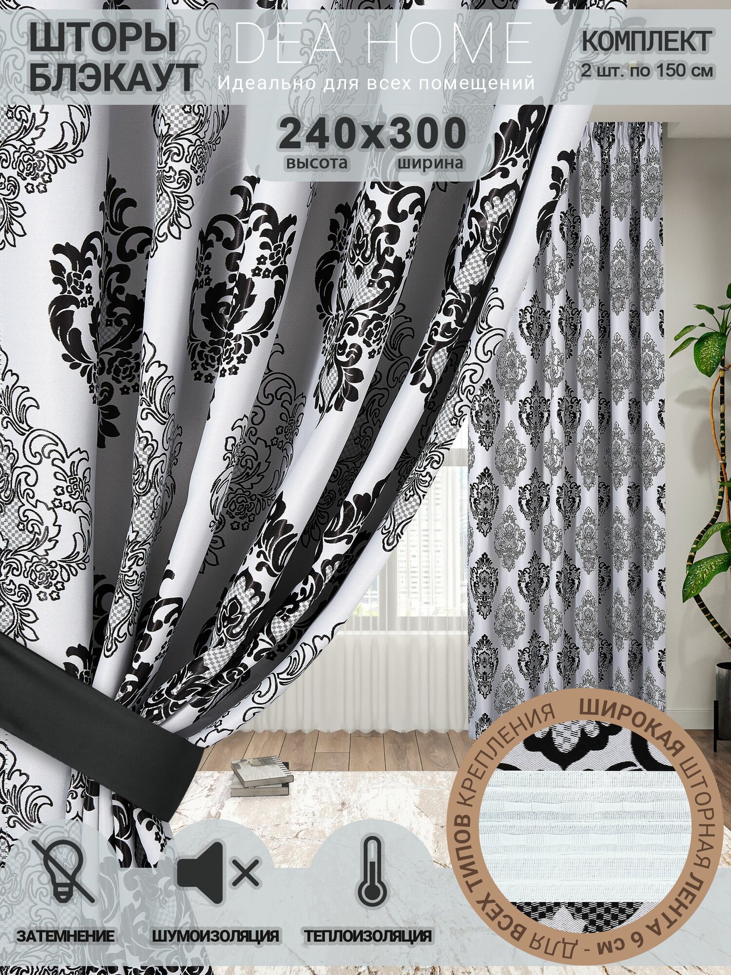 Комплект штор из 2 шт по 150 см блэкаут/ blackout IDEA HOME светозащитные для комнаты , кухни , спальни , гостиной и дачи 300*240 см , двусторонние, белый черный узор, ромб