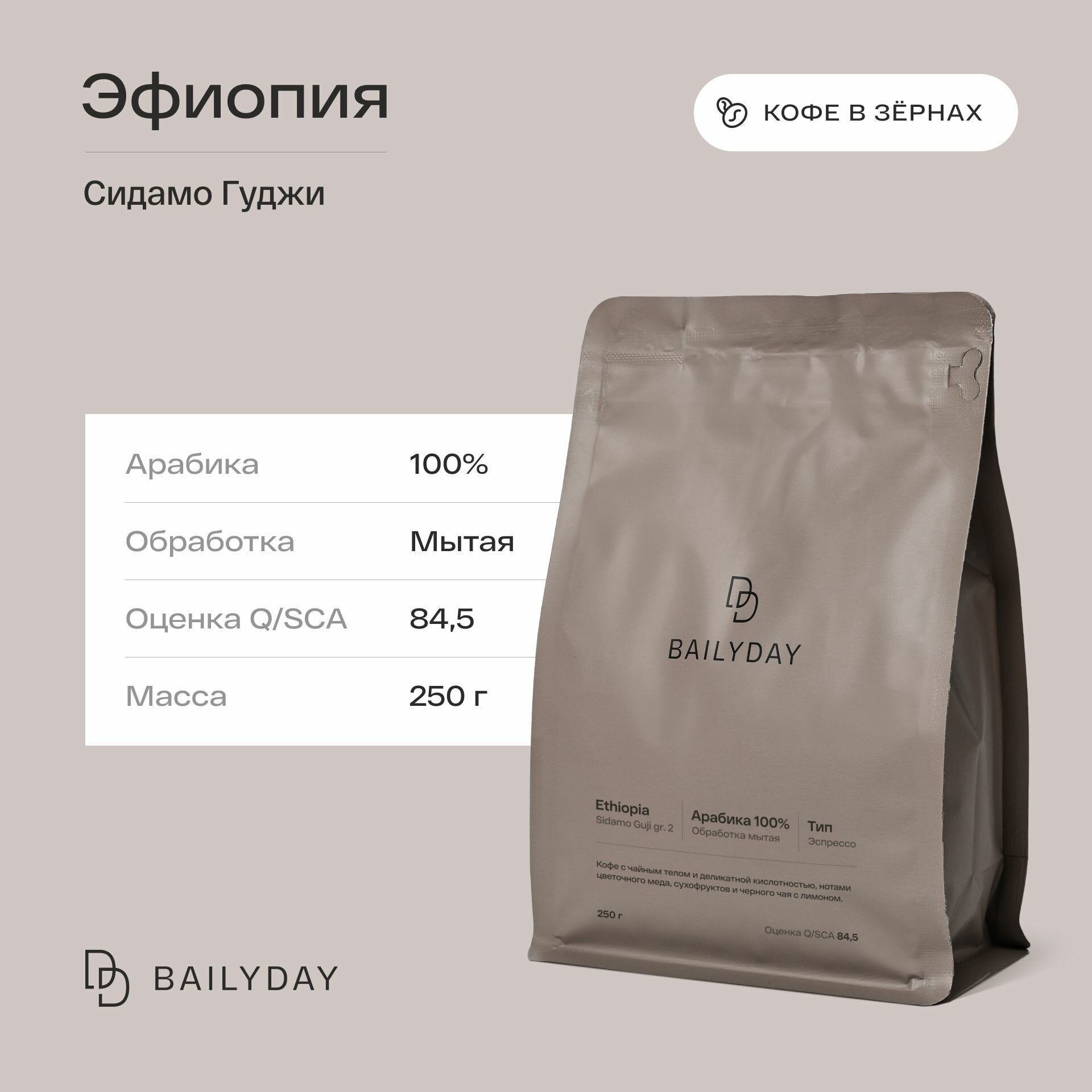 Кофе в зернах Эфиопия Сидамо Гуджи гр. 2 Bailyday 100% арабика, обжарка под эспрессо, 250 г