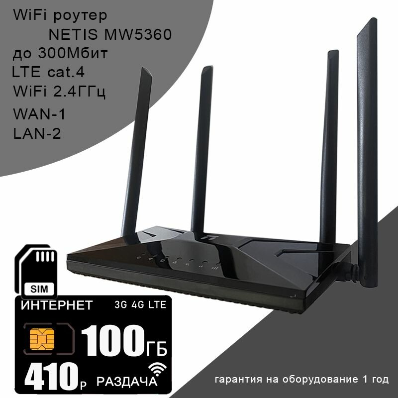 WiFi роутер NETIS MW5360 I сим карта с интернетом и раздачей 100ГБ за 410р/мес.