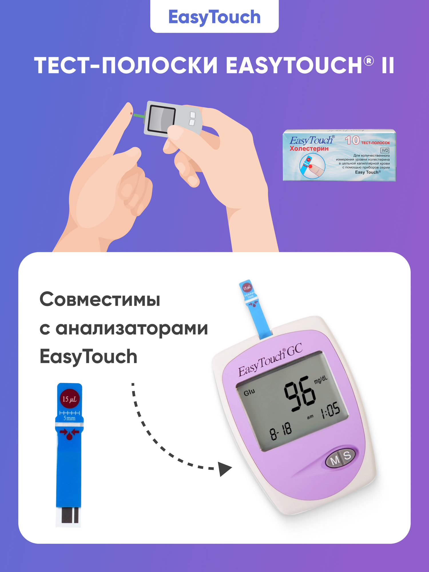 Тест-полоски на холестерин "EasyTouch" (ИзиТач), 10 шт