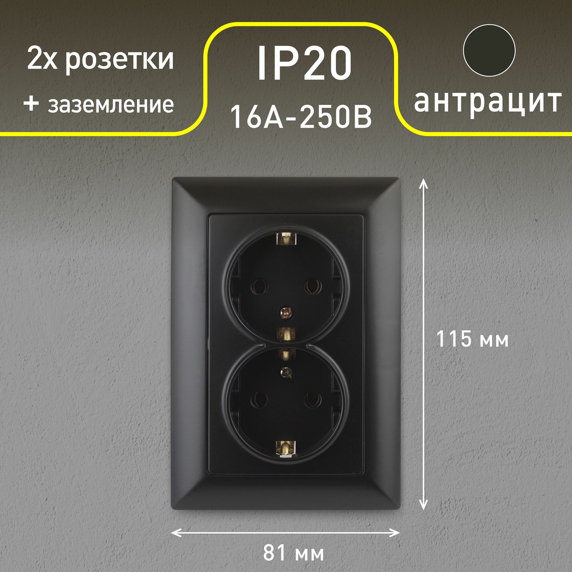 Розетка Intro Solo 4-205-05 с заземлением двойная 2X2P+E Schuko 16А-250В IP20 скрытой установки черный — фото 1