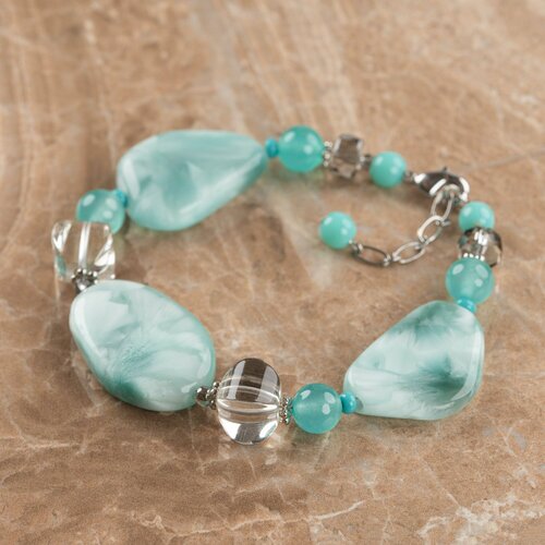 Браслет Diana Savitskaya, хрусталь, ангелит, размер 18 см, серебристый, бирюзовый