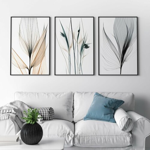 Набор постеров с перьями и травами в серо-бежевых тонах 40 на 50 см