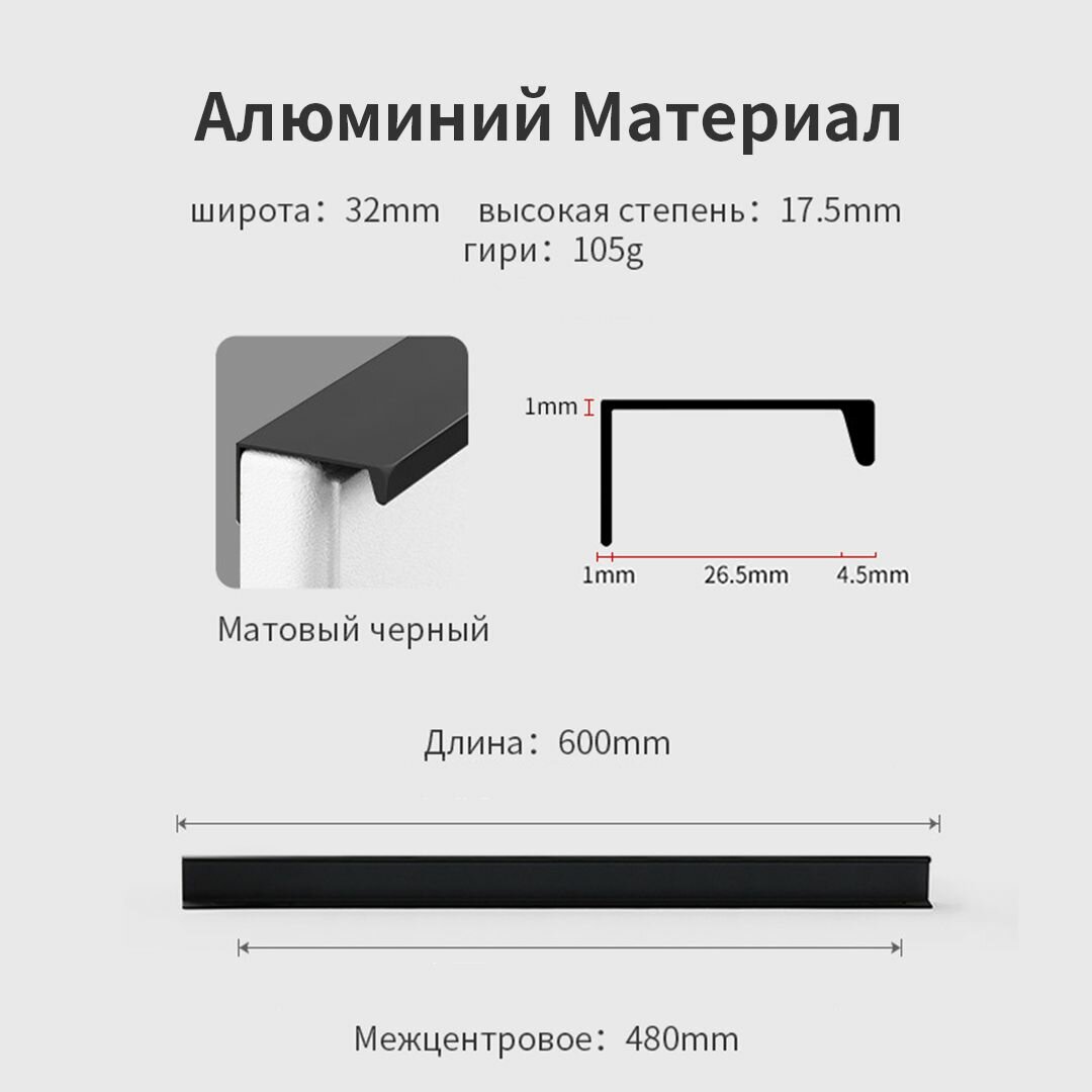 Торцевая ручка-профиль для шкафа mебельные ручки 60 см 1 шт матовая черная