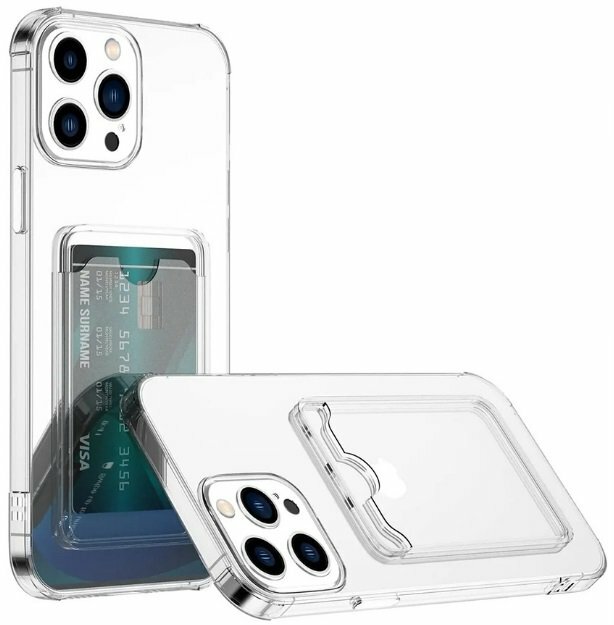 Чехол на Айфон 14 Про / Противоударный, с картхолдером, силиконовый case для iPhone 14 Pro / Прозрачный