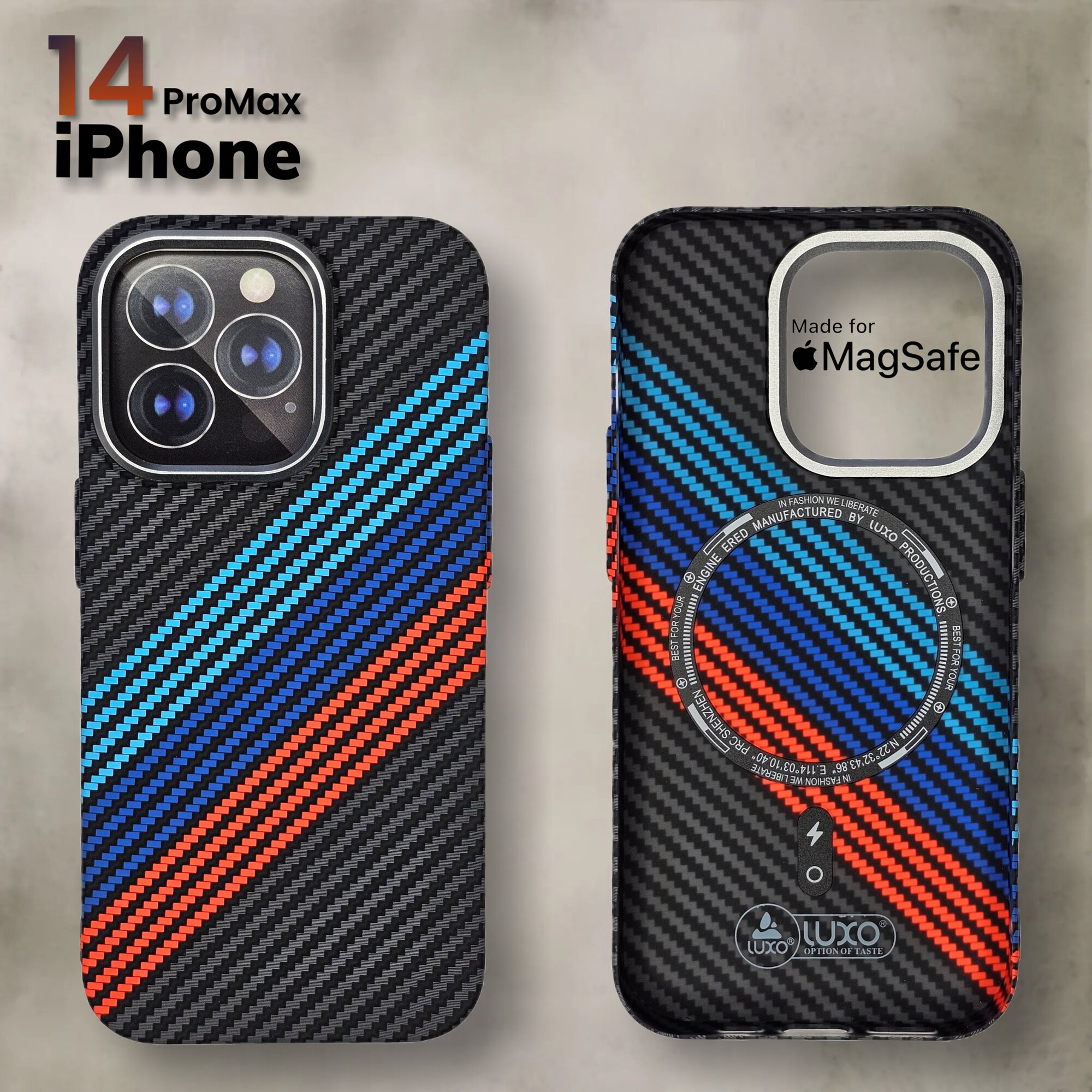 Чехол на айфон 14 Про Макс с МагСейф из Кевлара / чехол на iPhone 14 Pro Max с MagSafe Kevlar LUXO Life+, BMW M стиль карбоновый