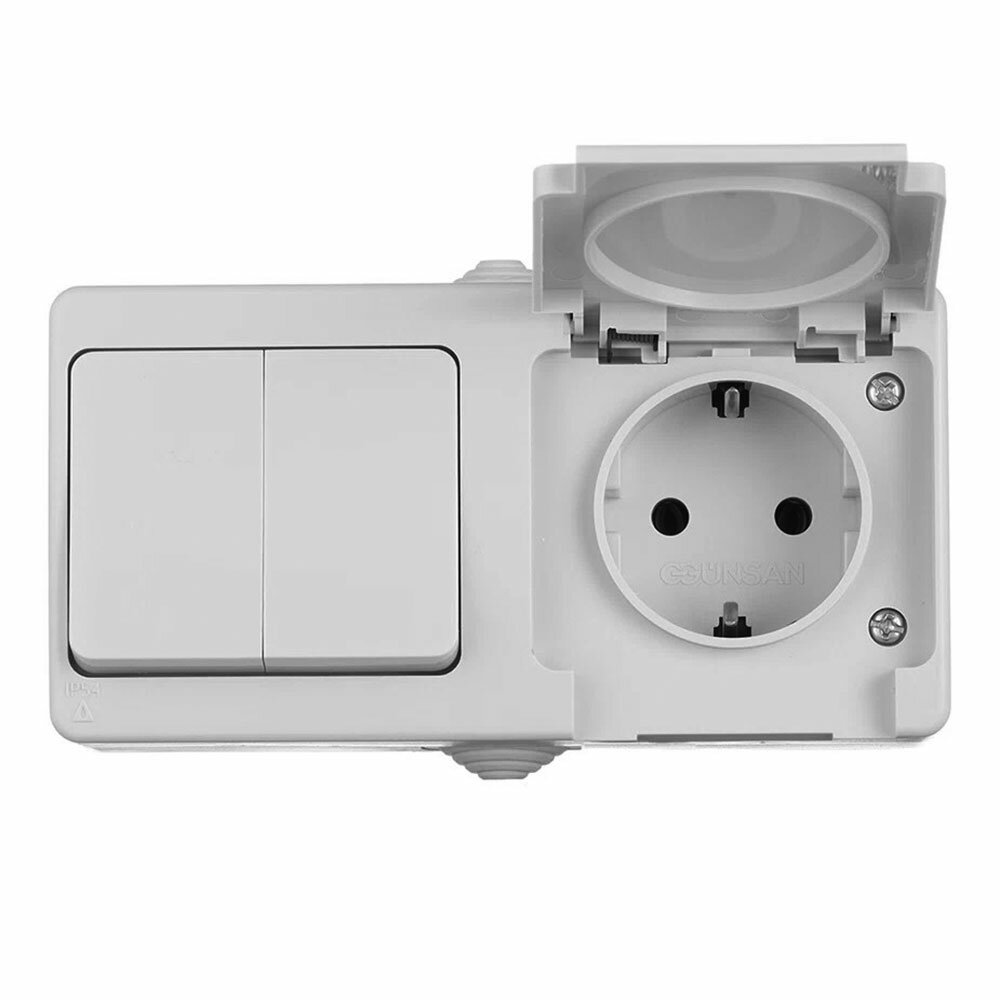 фото Выключатель с розеткой GUNSAN Fantasy двухклавишный открытая установка серый с заземлением IP54
