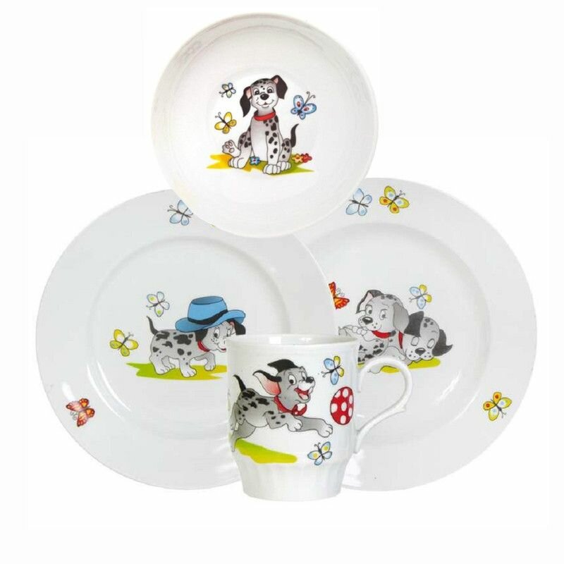 фото Набор детской фарфоровой посуды из 4-x предметов "Озорные щенки" (тарелка- 2шт, миска, кружка)