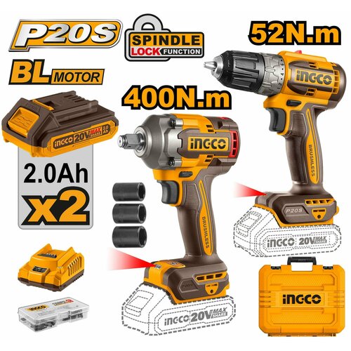 Набор шуруповерт и бесщеточный импульсный гайковерт INGCO CKLI20271 INDUSTRIAL 20 В 15960₽